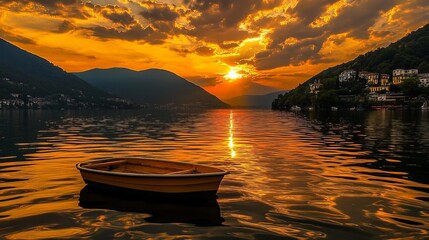 Golden sunset over a lake with a small boat