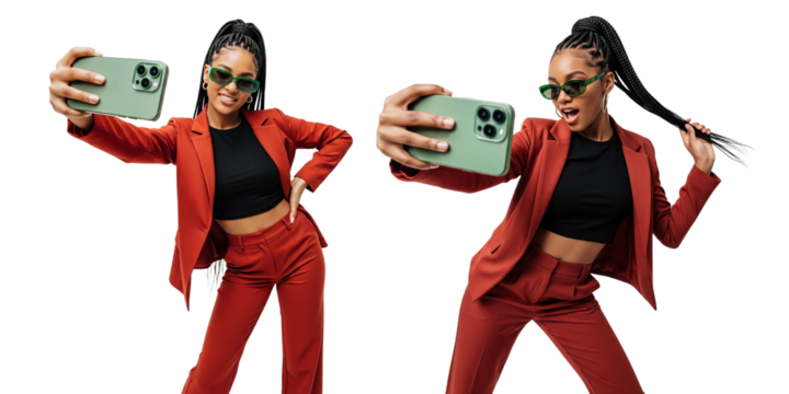 young woman taking selfie isolated on white