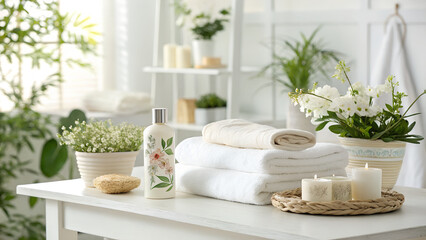 Fototapeta premium Serene spa sanctuary with plush towels, calming candles, and fresh floral accents for ultimate relaxation