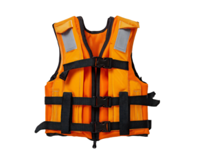 Vibrant orange life jacket with black straps, ensuring safety for water activities, showcased on transparent background