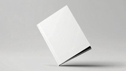 Blank white open book or magazine tilted slightly on a clean light gray studio background with soft shadow