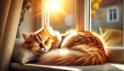 A peaceful ginger tabby cat with soft, fluffy fur, curled up and sleeping on a sunlit windowsill