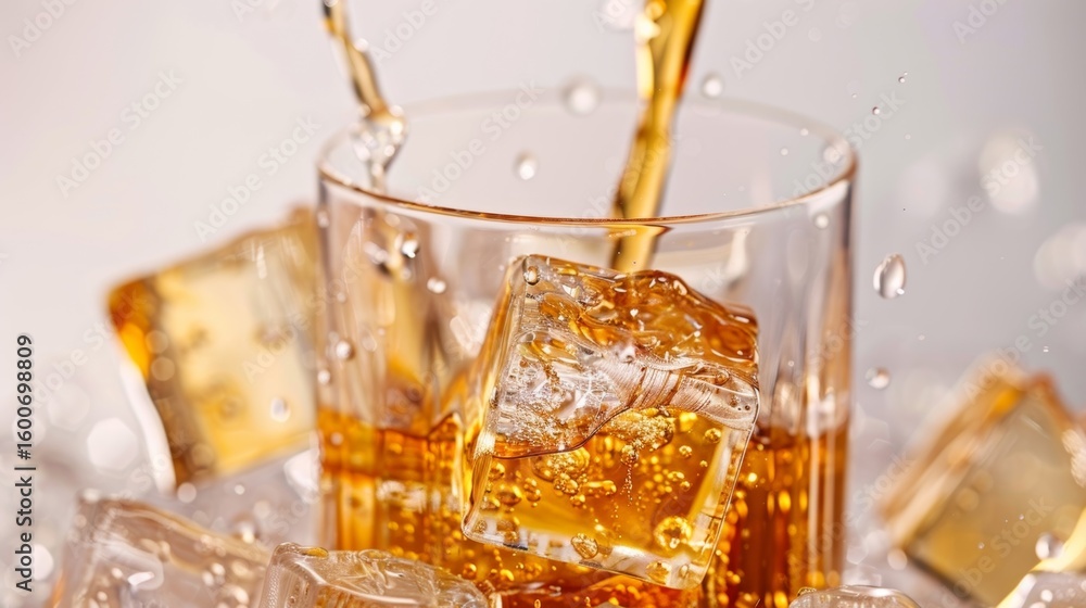 Poster the drink is poured over ice creating a satisfying cracking sound as the ice cubes settle.