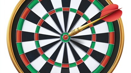 A red dart is perfectly centered in the bullseye of a classic dartboard, ready for game play