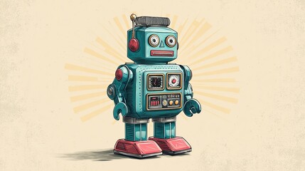 A vintage teal robot toy, retro style, with red feet and a brush antenna, stands against a sunburst background on a beige backdrop