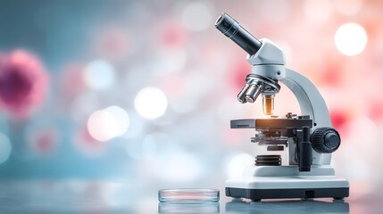 Modern Microscope on Laboratory Table with Blurred Background