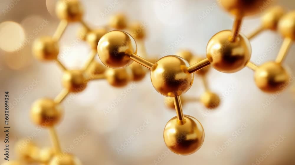 Poster abstract gold molecule structure with blurred light background for scientific concepts