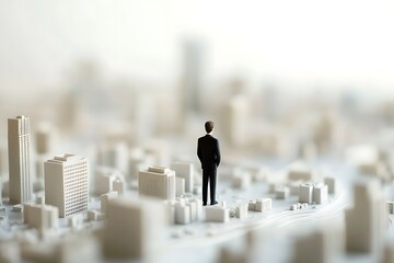 Businessman stands in miniature city model planning urban development and investment strategy