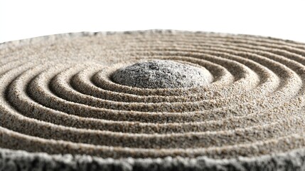 Close-up of a circular sand garden with concentric circles radiating from a central mound of sand against a white background.  The texture is fine and the light reflects subtly off the sand