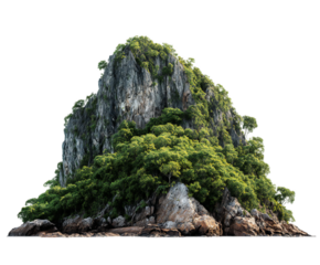 Lush tropical island mountain covered with dense green vegetation and rugged rock formations on transparent background
