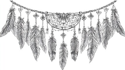 Detailed grayscale drawing of a dreamcatcher with dangling feathers and ornate hanging details, isolated
