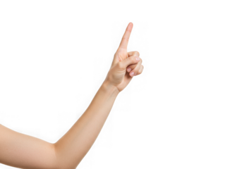 Arm pointing upward with index finger extended on dark space on transparent background