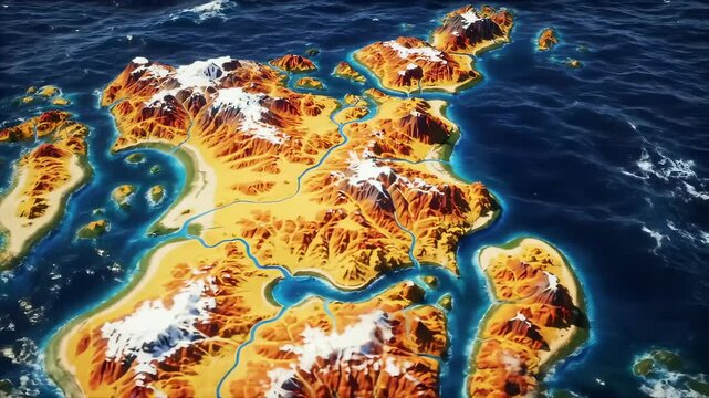 Aerial evolution of animated oceanic terrain with dynamic color shift