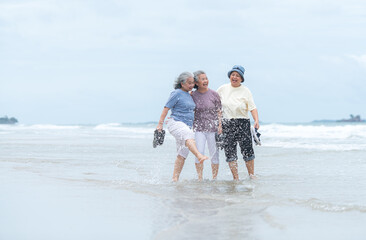 Happy senior women enjoying a playful walk on the beach, laughing and holding hands