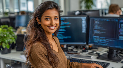South Asian woman with long dark hair, smiling while working on computer in modern office, surrounded by monitors displaying code, showcasing a professional tech environment