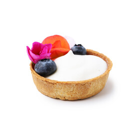 One sweet tartlet with blueberries and flowers isolated on white,. Delicious dessert