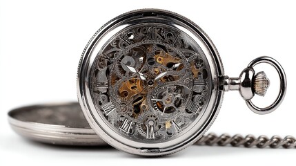 A detailed view of an ornate, silver pocket watch with exposed gears and intricate inner workings, open