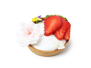 One sweet tartlet with strawberry and flowers isolated on white. Delicious dessert