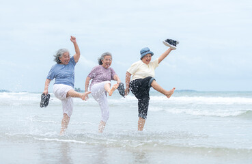 Happy senior women enjoying a playful walk on the beach, laughing and holding hands