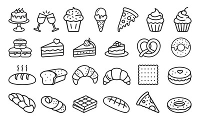 An assortment of dessert and bakery icons in a line art style isolated on white