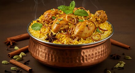 Delicious Chicken Biryani in Copper Pot - Traditional South Asian Rice Dish with Spices