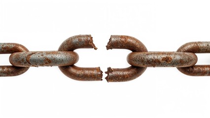 Obraz premium Corroded steel chain displaying a broken link on a white background