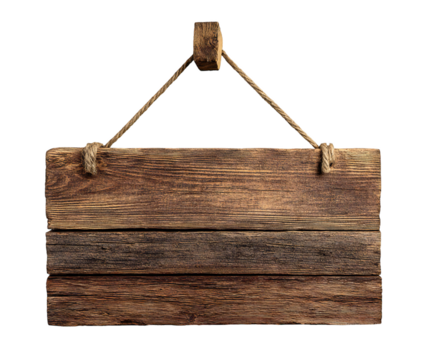 Rustic weathered wooden sign with rope hanging against a clean white background on transparent background