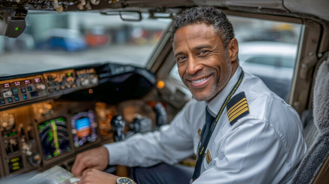 African American pilot in uniform smiling confidently in cockpit, surrounded by advanced flight instruments and controls, showcasing aviation professionalism and expertise - Powered by Adobe
