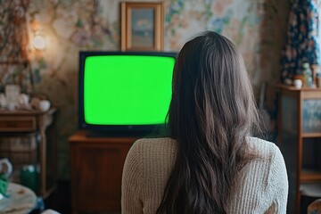 Girl Watching Green Screen Television In Living Room. Young Woman watching television with green screen