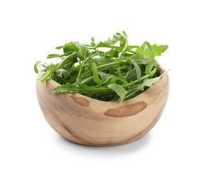 Fresh ripe green arugula leaves in bowl isolated on white
