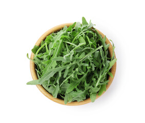Fresh ripe green arugula leaves in bowl isolated on white, top view