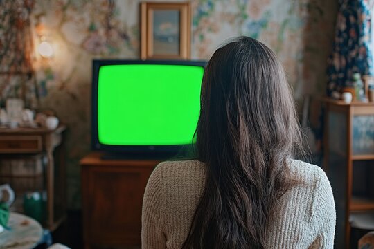 Girl Watching Green Screen Television In Living Room. Young Woman watching television with green screen