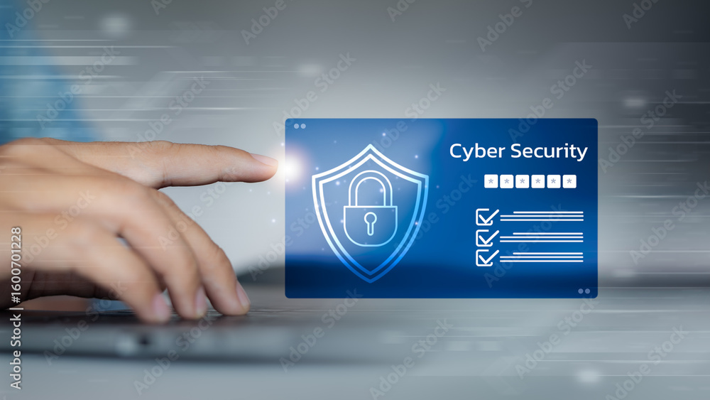 Poster user accessing cyber security system with digital shield icon, data protection checklist, and passwo