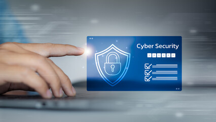 User accessing cyber security system with digital shield icon, data protection checklist, and...