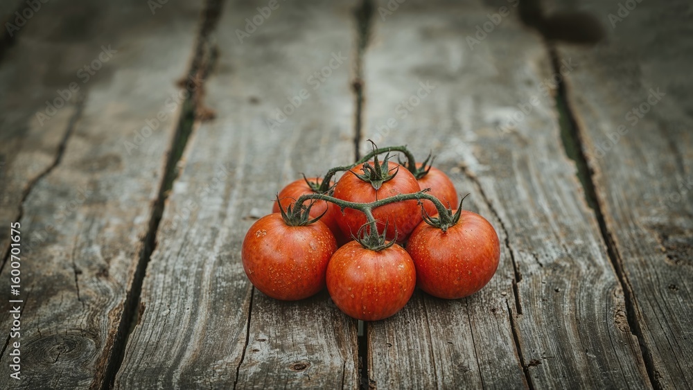 Poster decayed tomatoes resting on rustic wooden surface with selective focus