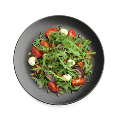Tasty salad with arugula, mozzarella and vegetables isolated on white, top view