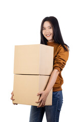 Smiling young woman carrying large cardboard boxes for moving or a big shipping delivery from her small business. isolated on white background with clipping path.