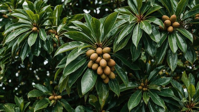 Lush Sapodilla Tree Covered in Oval Brown Fruits