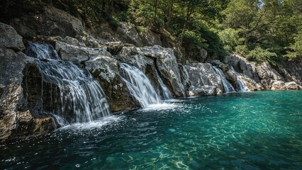 Fototapeta premium Waterfall cascades flowing through a rugged mountain canyon in a scenic highland area. High-resolution image.