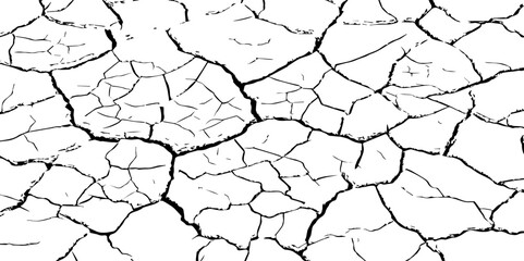 Cracked dry earth texture in high contrast black and white, resembling parched soil or desert floor. Ideal for backgrounds, nature-themed designs, or illustrating drought and environmental concepts.