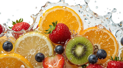 Freshly cut fruits in a splash of water - strawberries, blueberries, orange slices, lemon slices, and kiwi slices. A healthy diet advertisement.