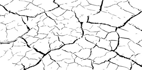 Cracked dry earth texture in high contrast black and white, resembling parched soil or desert floor. Ideal for backgrounds, nature-themed designs, or illustrating drought and environmental concepts.
