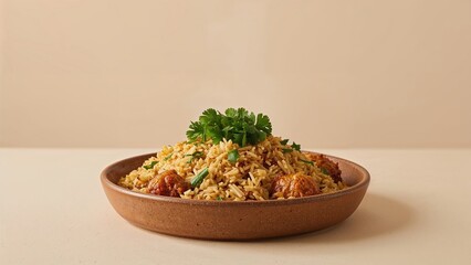 Homemade Rice Pilaf Garnished with Fresh Parsley and Mixed Spices Served in Brown Ceramic Bowl on Neutral Background
