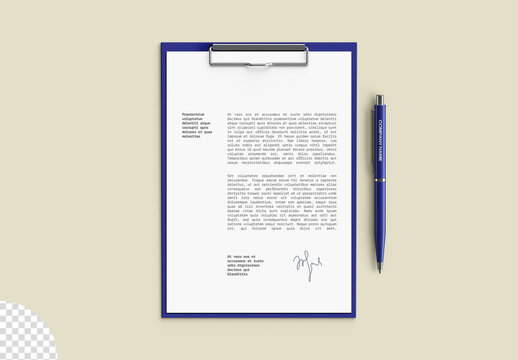 Stationery Flatlay Clipboard Paper and Pen Mockup