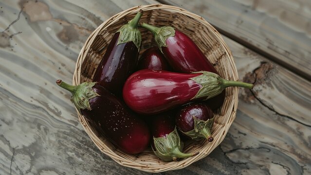 A collection of scarlet eggplants in a woven basket