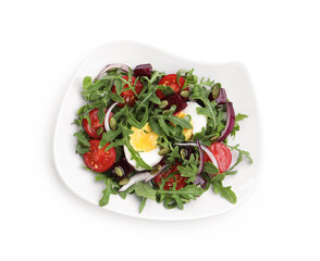 Tasty salad with arugula, vegetables, egg and seeds isolated on white, top view