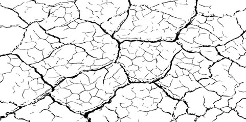 Cracked dry earth texture in high contrast black and white, resembling parched soil or desert floor. Ideal for backgrounds, nature-themed designs, or illustrating drought and environmental concepts.