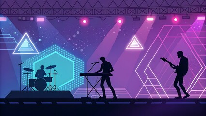 Vibrant Neon Stage Concert with Silhouetted Band Performing Live Music Amidst Futuristic Geometric Light Show