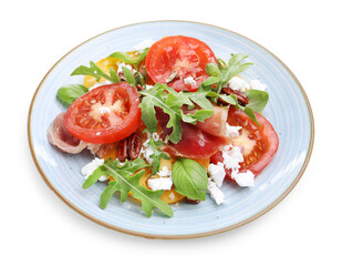 Tasty salad with arugula, cheese, tomatoes, nuts and prosciutto isolated on white