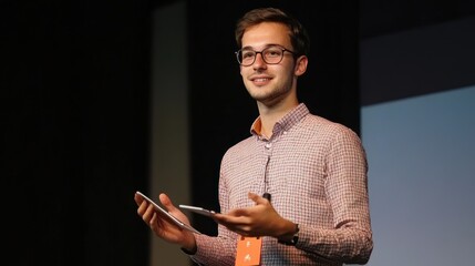 Young man giving a presentation holding tablet and smartphone